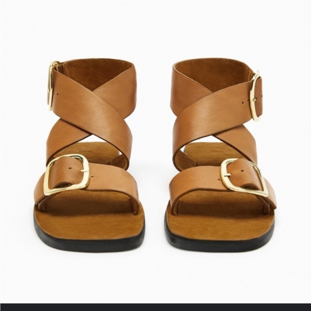 Zara Tan Leather Crisscross Buckle Sandals with Gold Hardware
